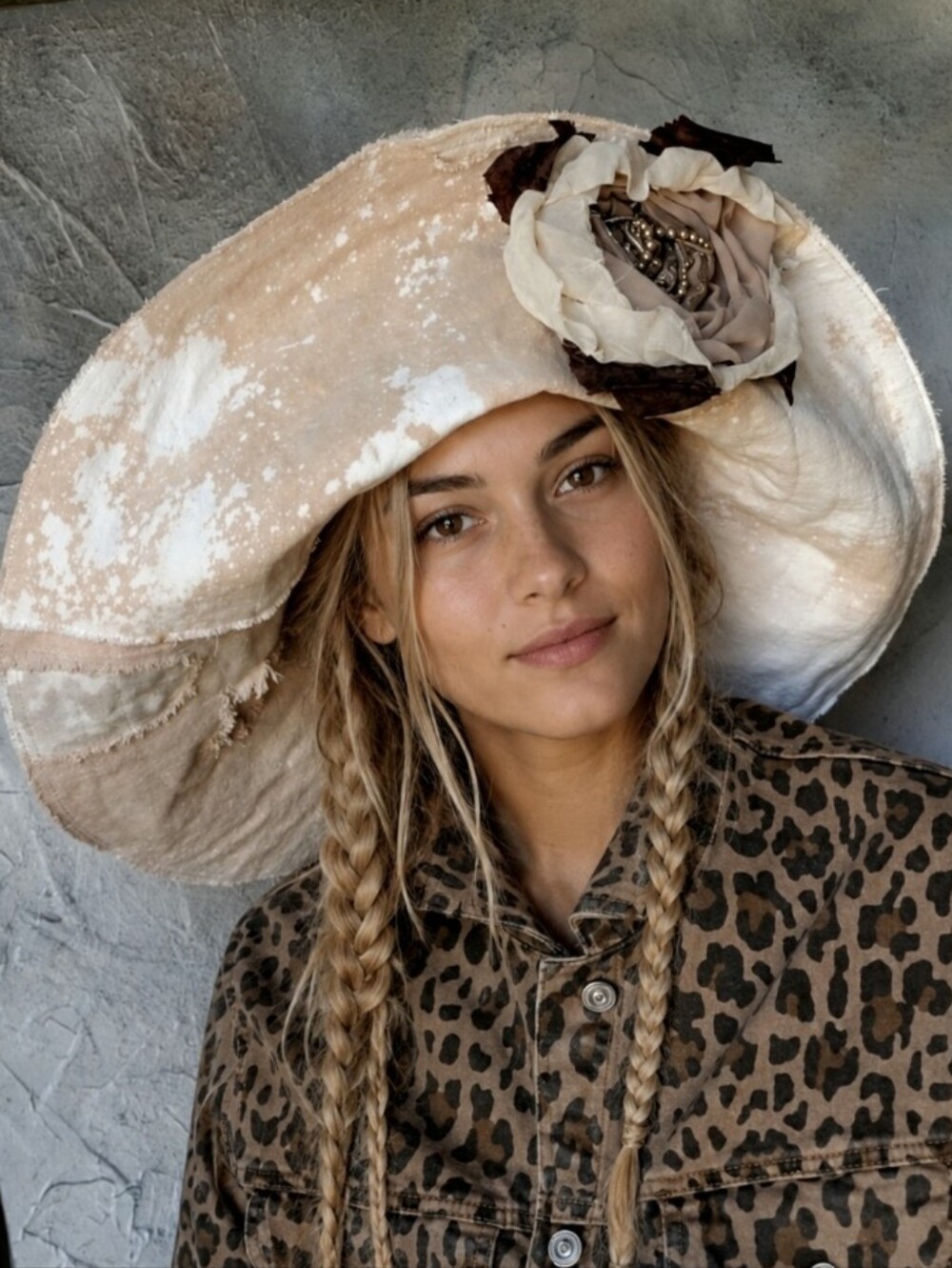 Designer Top Hat Upcycled Raw Wide-Brim Rose Pin Patched Artisan Hat